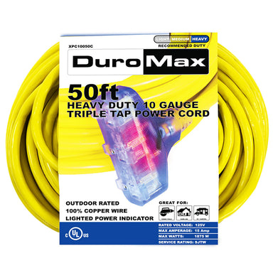 DuroMax XPc10050c 50ft heavy-duty 12 gauge triple tap power cord packaging, highlighting its outdoor rating and copper wire construction.