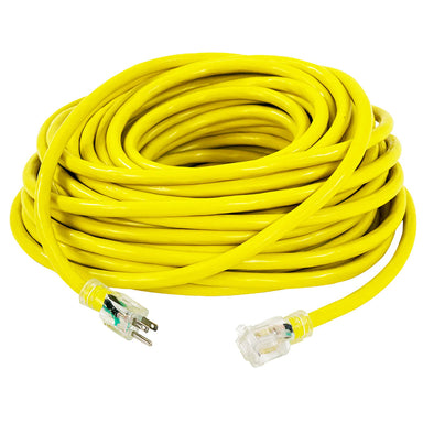 A coiled 100ft yellow DuroMax extension cord, ideal for connecting to quality generators and portable generators, featuring a durable 10 gauge design.