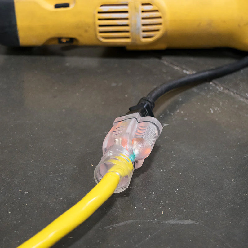 The connecting ends of a 100ft heavy-duty DuroMax extension cord with a clear lighted power indicator, perfect for use with quality generators and portable generators.