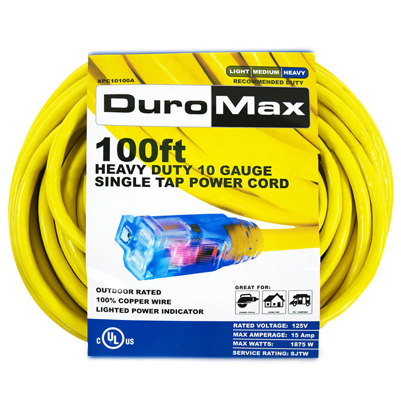 Image of a 100ft DuroMax heavy-duty 10 gauge single tap extension cord packaging, highlighting its quality generator compatibility and suitability for portable generators.