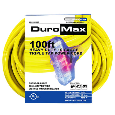 DuroMax XPc10100c 100ft heavy-duty 12 gauge triple tap power cord packaging, highlighting its outdoor rating and copper wire construction.