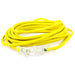 Coiled bright yellow 25ft DuroMax extension cord, heavy-duty 12 gauge, designed for quality portable generators.