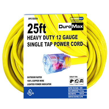 DuroMax quality generator extension cord packaging highlighting 25ft length and 12-gauge thickness for portable generators.