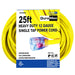 DuroMax quality generator extension cord packaging highlighting 25ft length and 12-gauge thickness for portable generators.