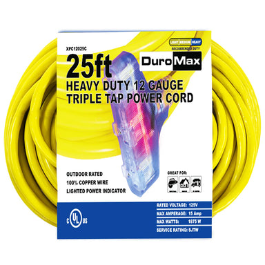 DuroMax XPc12025c 25ft heavy-duty 12 gauge triple tap power cord packaging, highlighting its outdoor rating and copper wire construction.