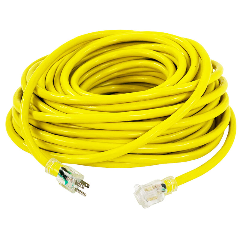 DuroMax 100ft yellow extension cord coiled, with single tap clear plug, demonstrating its length and flexibility for various uses