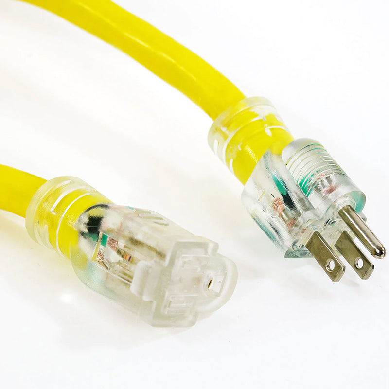 Close-up of a DuroMax 100ft single tap extension cord, showing the male and female clear connectors with 12 gauge yellow cable.