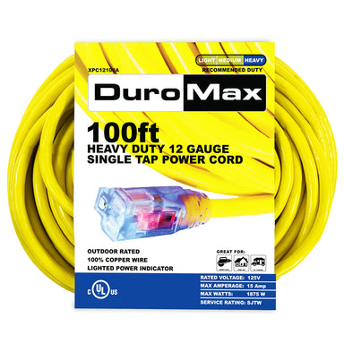 DuroMax XPC12100A 100ft Heavy Duty 12 Gauge Single Tap Power Cord product packaging with 100% copper wire and lighted power indicator features.