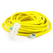 Full view of the coiled DuroMax 100ft yellow extension cord with transparent ends, ready for heavy-duty use.