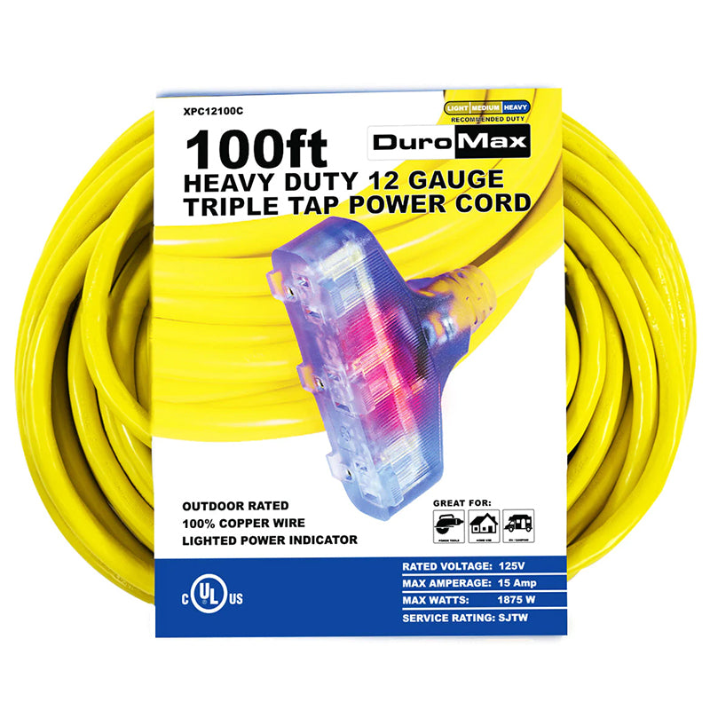 DuroMax XPC12100C 100ft 12 Gauge Triple Tap Extension Cord packaging, highlighting 100% copper wire and outdoor rating.