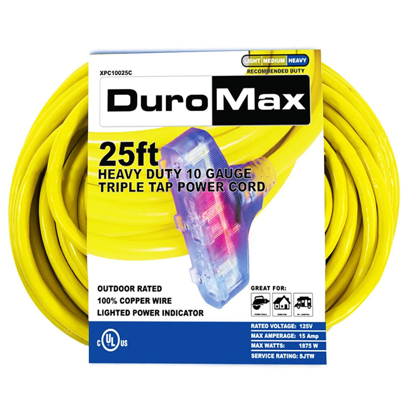 DuroMax XPc10025c 25ft heavy-duty 12 gauge triple tap power cord packaging, highlighting its outdoor rating and copper wire construction.