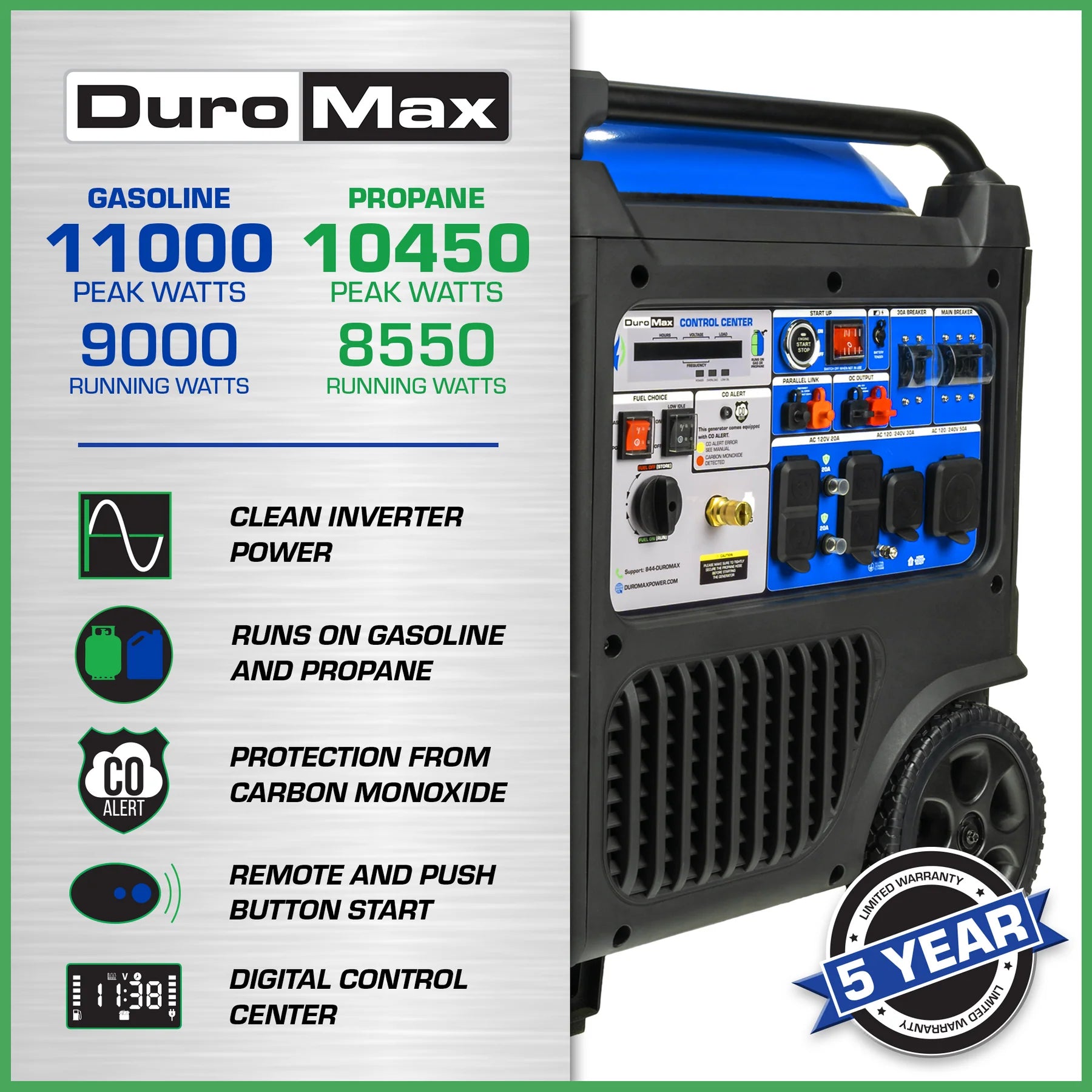 DuroMax XP11000iH Watt Portable Dual Fuel Inverter Generator