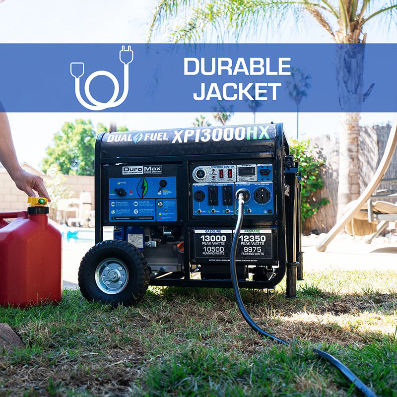 Durable jacket of Duromax generator cord showcased next to a Duromax dual fuel XP13000HX portable generator with fuel canister.