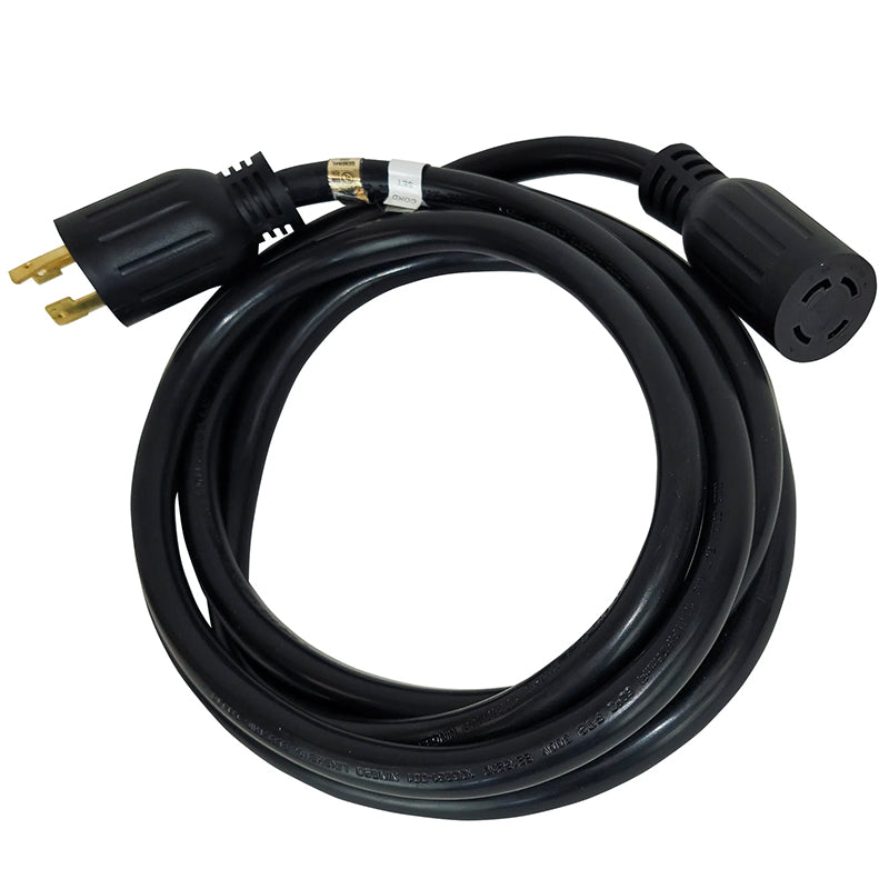 Black Duromax 10-foot generator cord with heavy-duty L14-30 connectors, coiled for convenient storage.