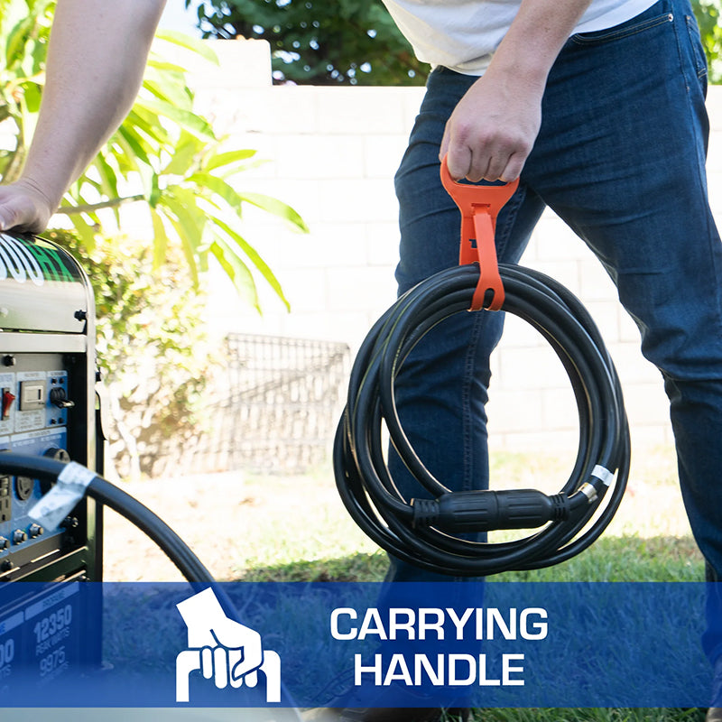 Person holding a coiled Duromax generator cord with an orange carrying handle, emphasizing portability and convenience."