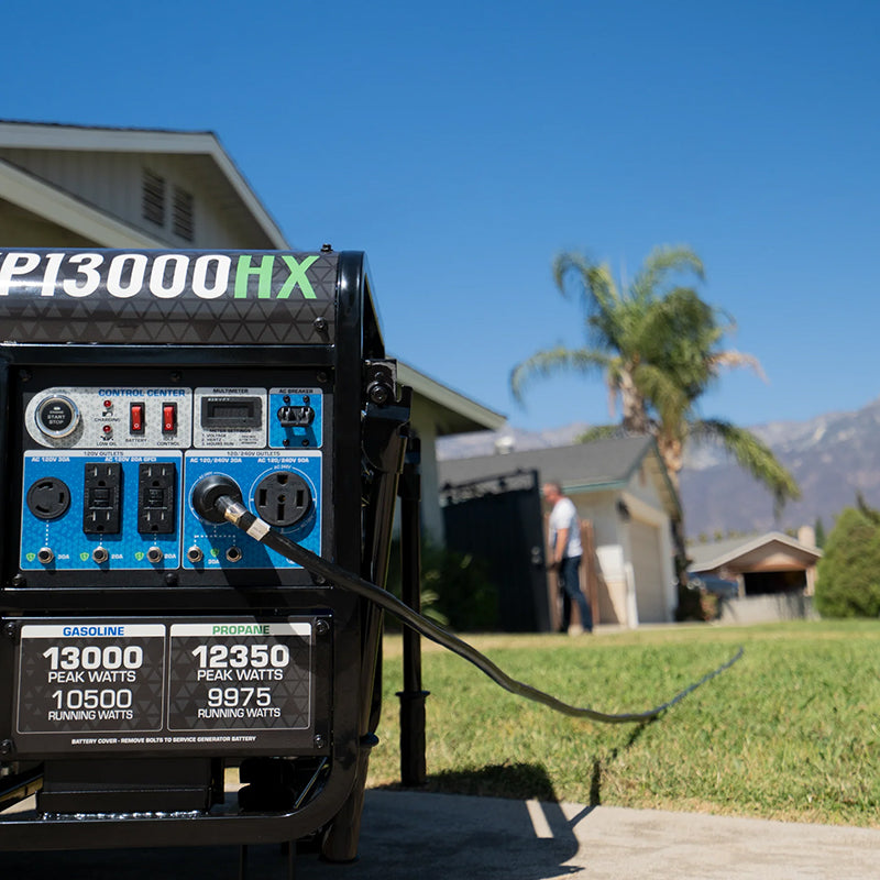 Durable jacket of Duromax generator cord showcased next to a Duromax dual fuel XP13000HX portable generator with fuel canister.