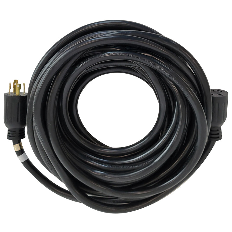 Black Duromax 50-foot generator cord with heavy-duty L14-30 connectors, coiled for convenient storage.