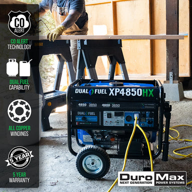 Durable generators - DuroMax XP4850HX with dual fuel capability and CO alert for reliable power backup.