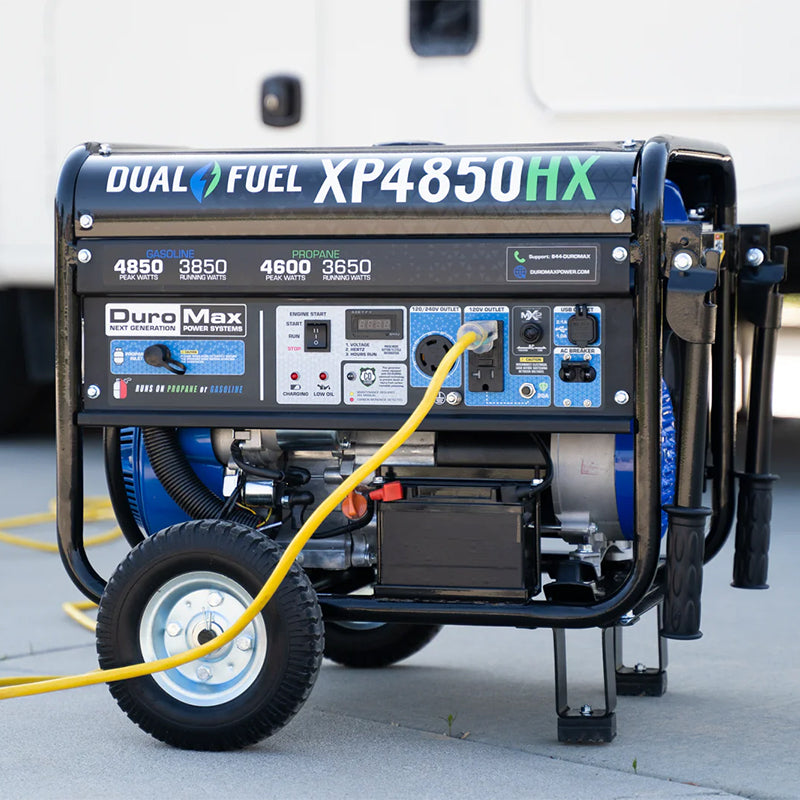 Close-up of a Duromax XP4850HX portable generator with cables connected, exemplifying reliable portable generators in use.