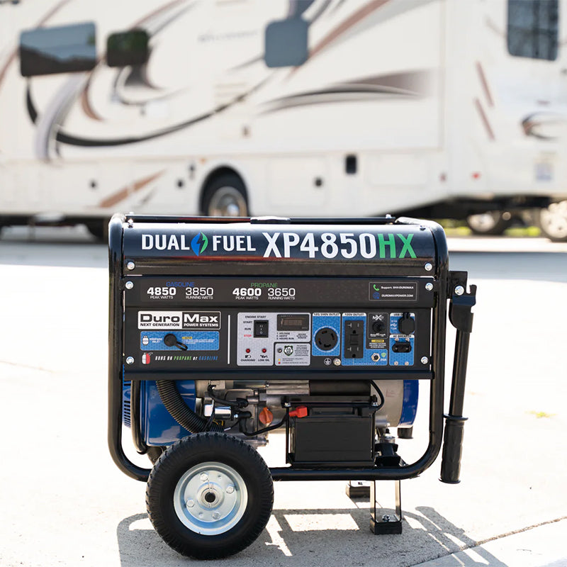 DuroMax portable generator presented as versatile for use from the campsite to the jobsite, indicating its wide range of applications.