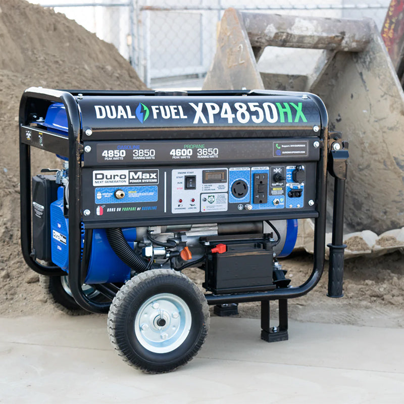 DuroMax XP4850HX quality generator positioned on a construction site, highlighting its rugged design and portability.