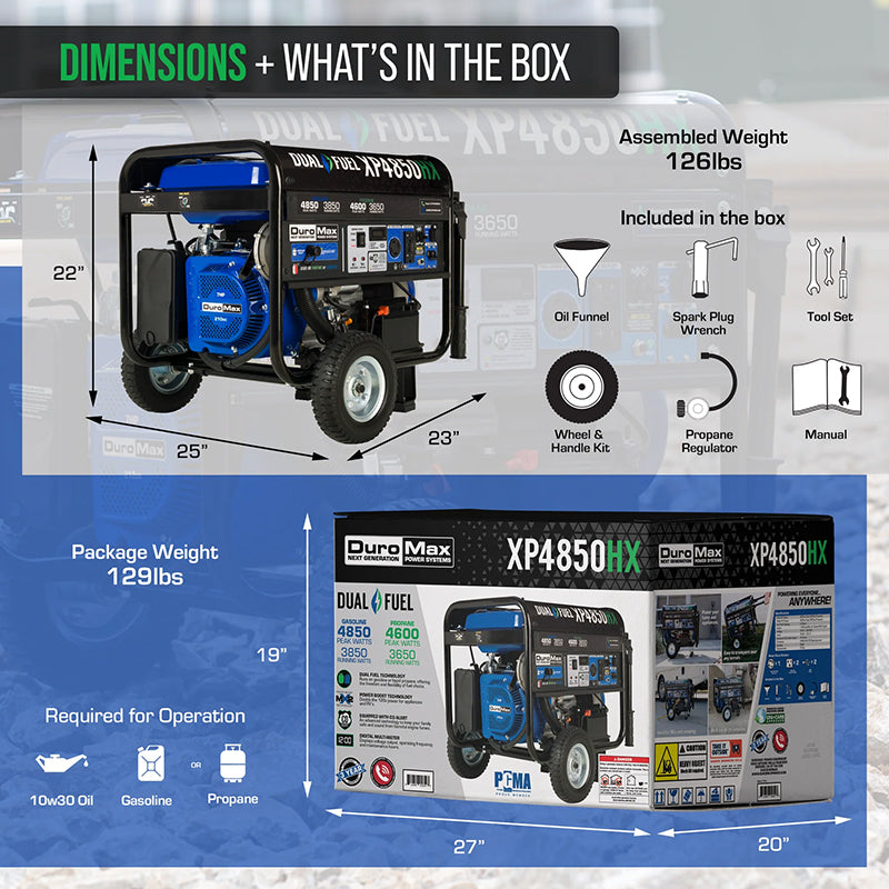 DuroMax portable generator XP4850HX with dimensions and box contents displayed, showcasing quality generator design and accessories.