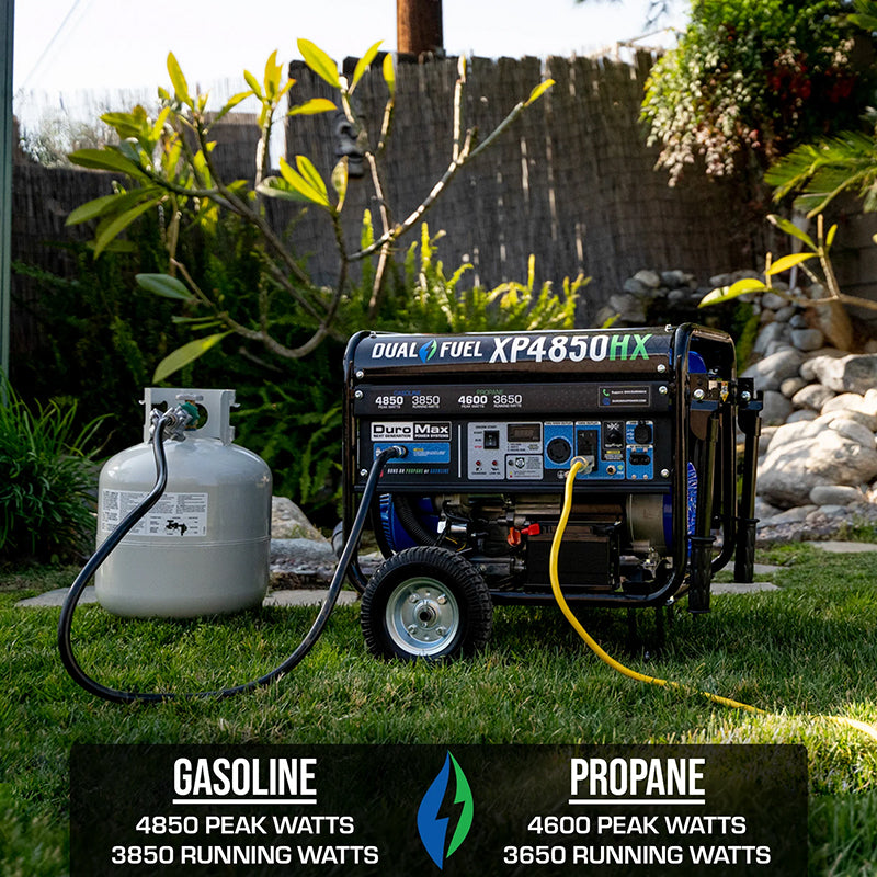 Versatile quality generator by DuroMax - XP4850HX dual fuel system for efficient gasoline and propane use.