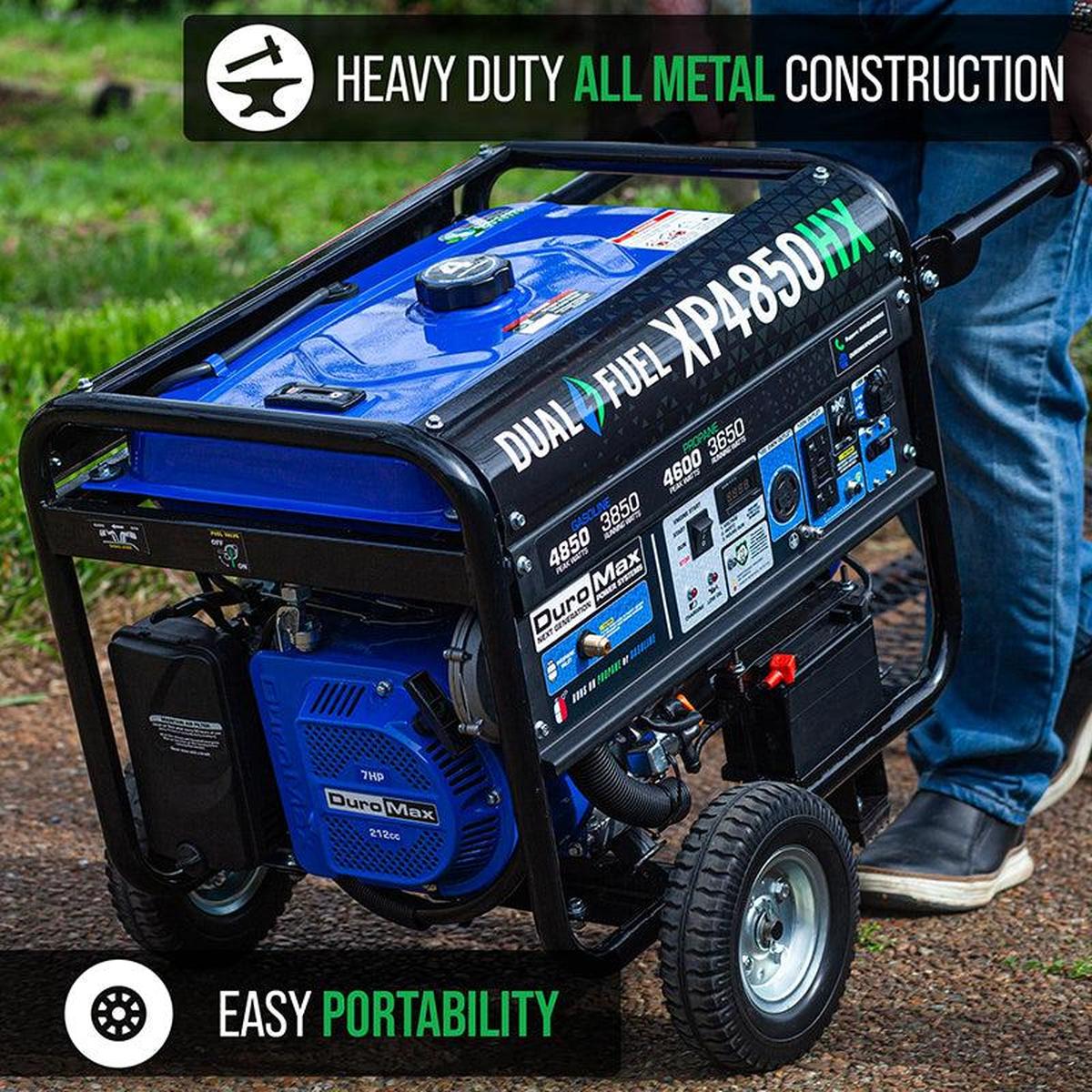 Heavy-duty DuroMax XP4850HX portable generator with all-metal construction and easy portability featured on outdoor terrain.