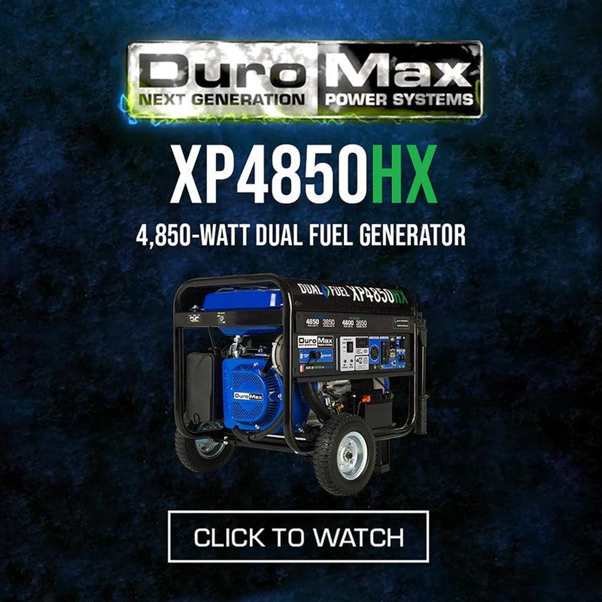 Promotional image for DuroMax XP4850HX, a 4,850-watt dual fuel portable generator, with a call to action to watch a setup video.