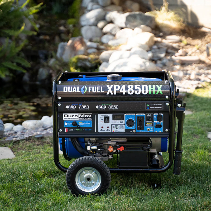 DuroMax XP4850HX generator operating in a garden setting, emphasizing its suitability for outdoor residential use.