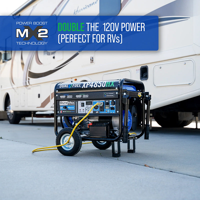 Portable generators - DuroMax XP4850HX featuring power boost MX2 technology, ideal for RVs.