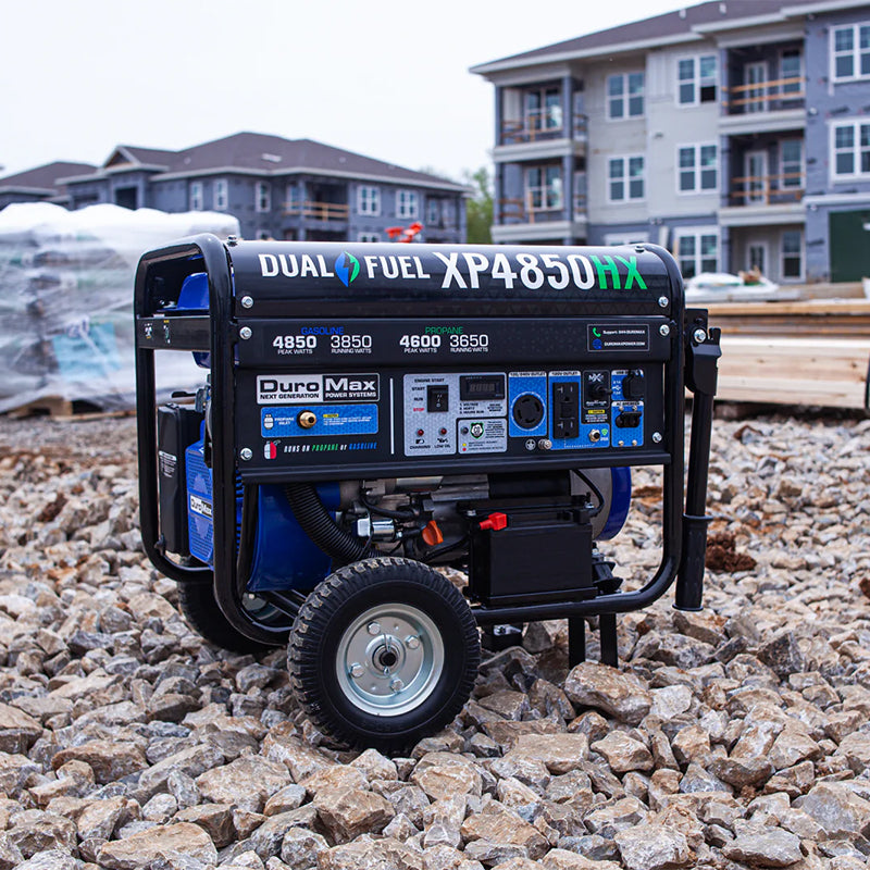 DuroMax XP4850HX generator showcased in a residential garden, highlighting its functionality for home use with a propane connection.