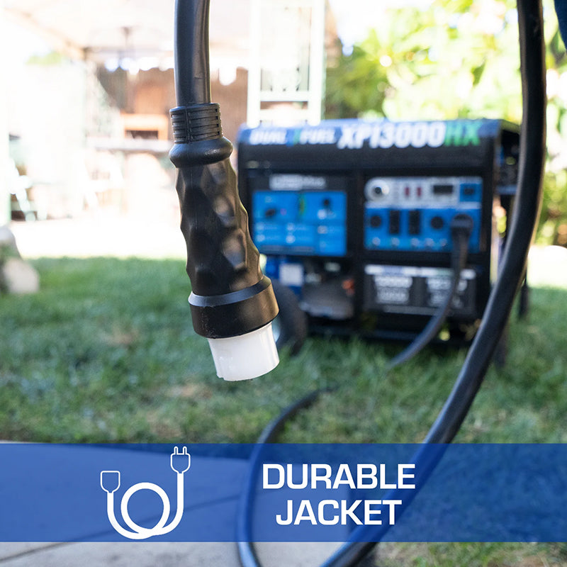 Robust black Duromax generator cord with a durable jacket, suitable for high-powered portable generators.