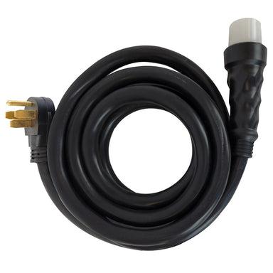 Coiled black Duromax generator cord with a heavy-duty plug and connector, perfect for connecting portable generators.