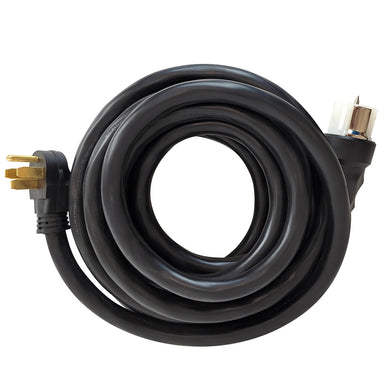 Coiled black Duromax generator cord with a heavy-duty plug and connector, perfect for connecting portable generators.