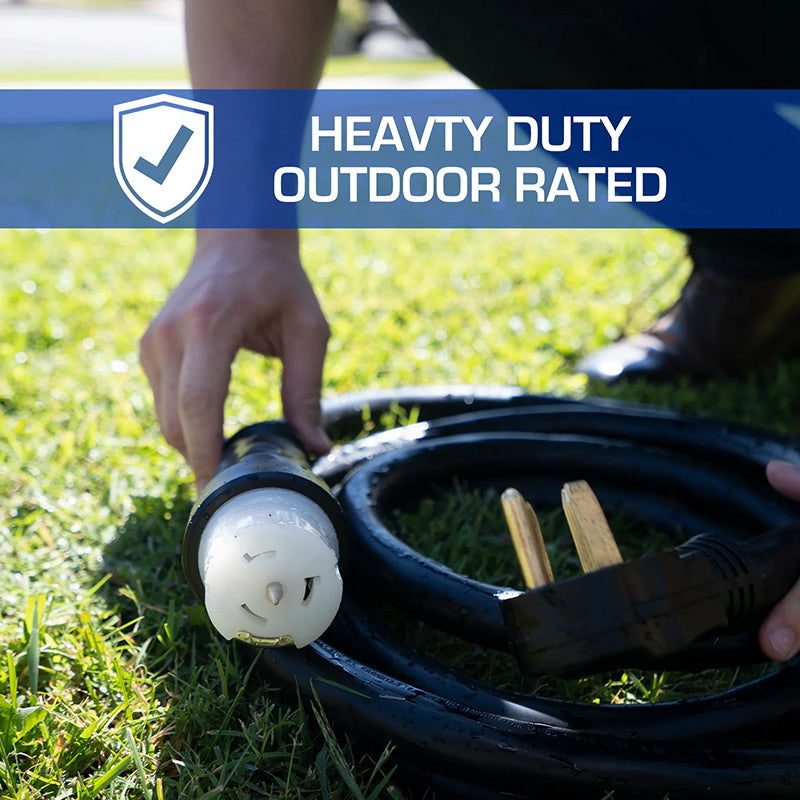 Outdoor-rated Duromax heavy-duty generator cord laid on grass, showcasing its suitability for outdoor use and high-quality construction.