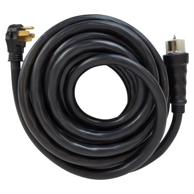 Coiled black Duromax generator cord with a heavy-duty plug and connector, perfect for connecting portable generators.