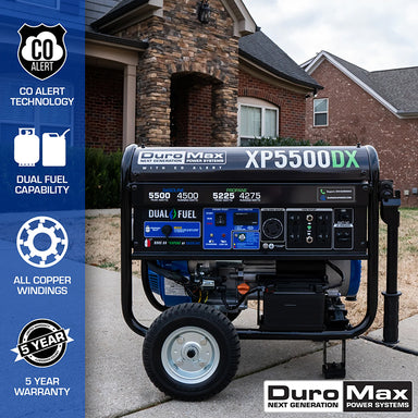 Duromax XP5500DX generators with dual fuel capability and CO alert technology showcased in a residential setting.
