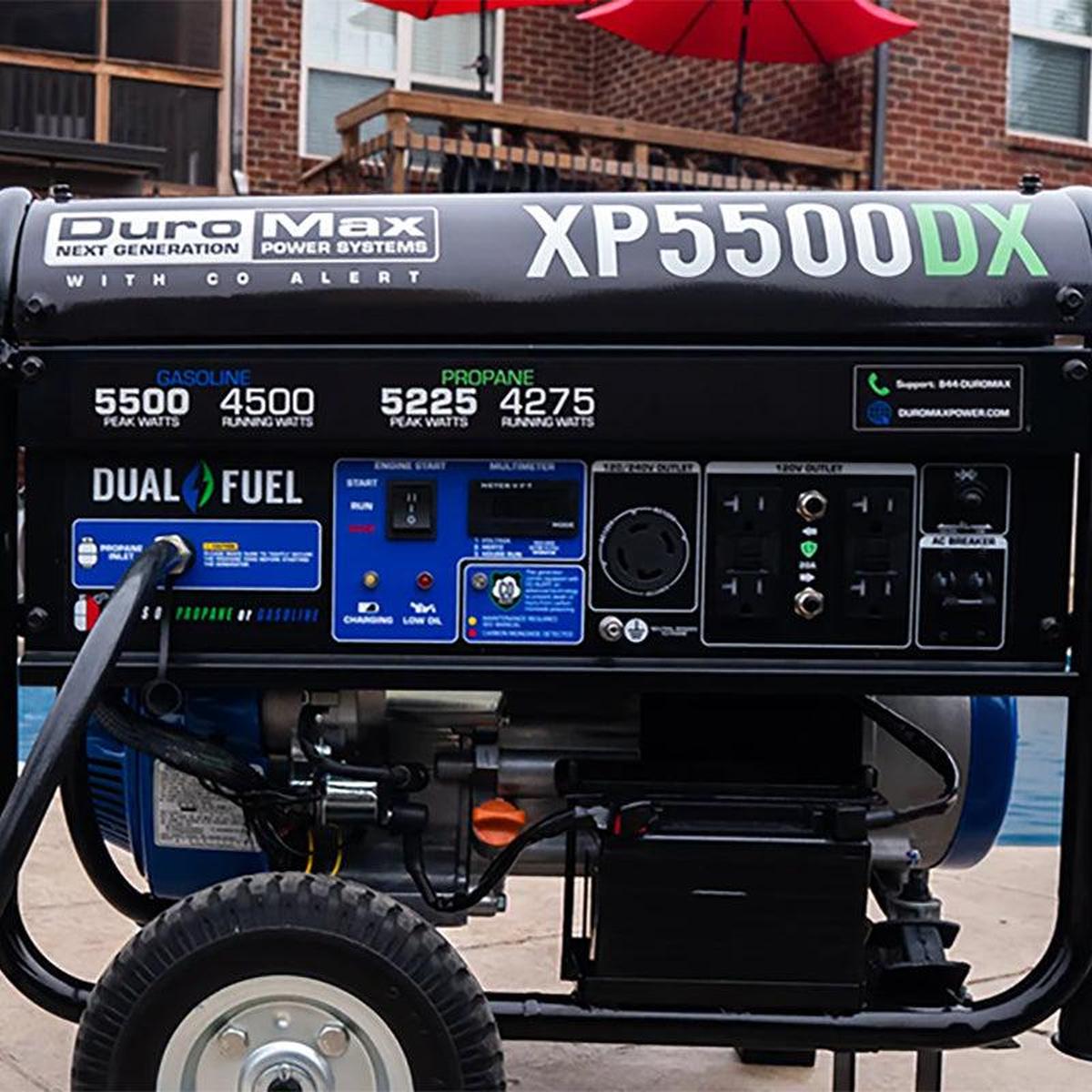 Duromax XP5500DX quality generator displayed outdoors with focus on its dual fuel capabilities.