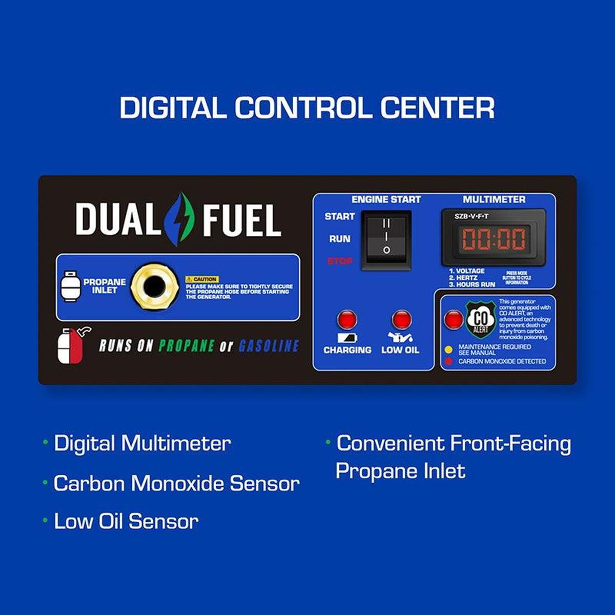 Duromax portable generator digital control center highlighting dual fuel capability and safety features.
