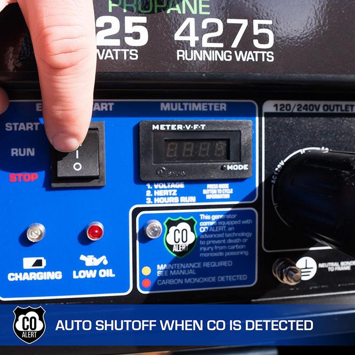 Close-up of the Duromax XP5500DX generator control panel with CO alert and auto shutoff feature.