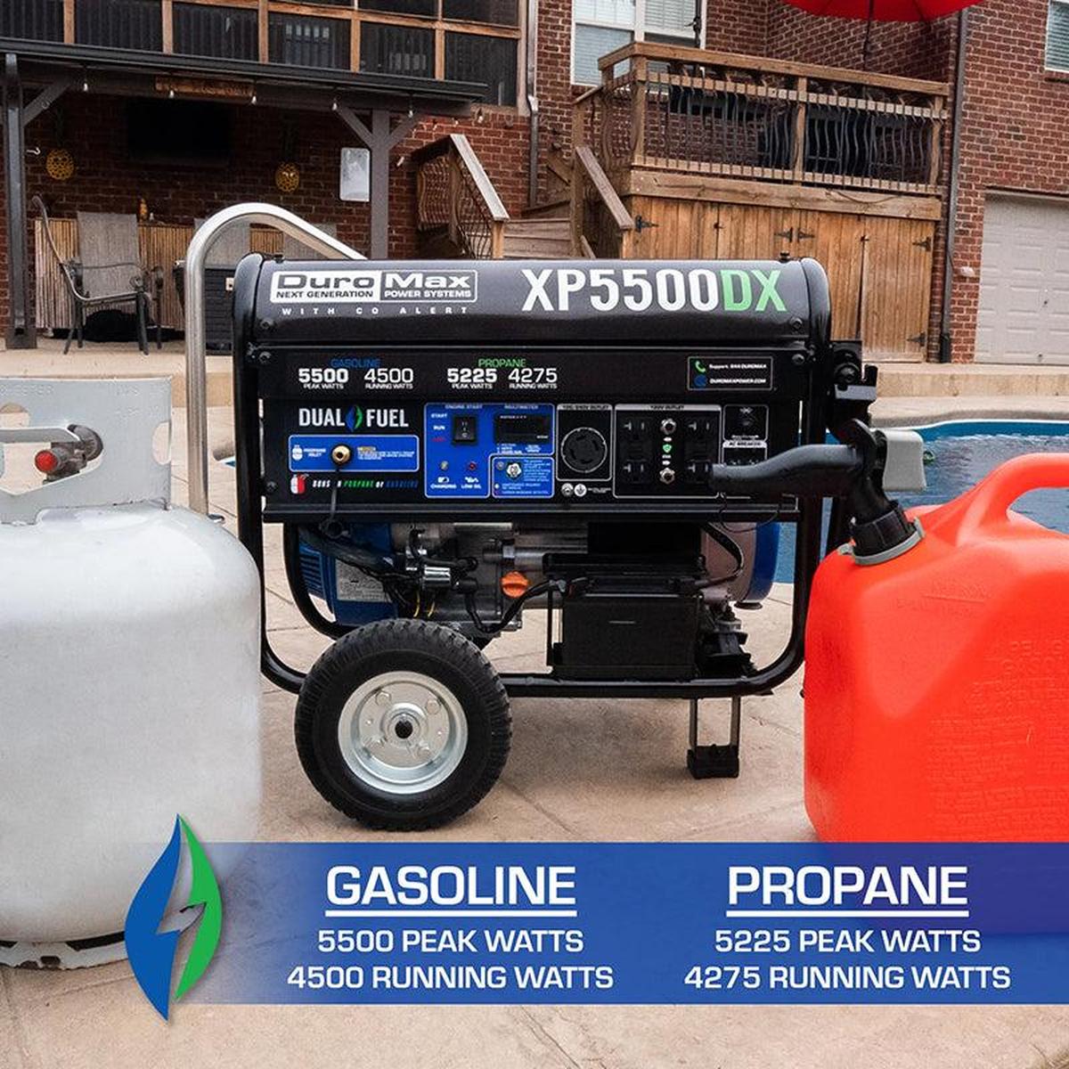 Duromax portable generator XP5500DX with gasoline and propane options next to fuel containers.