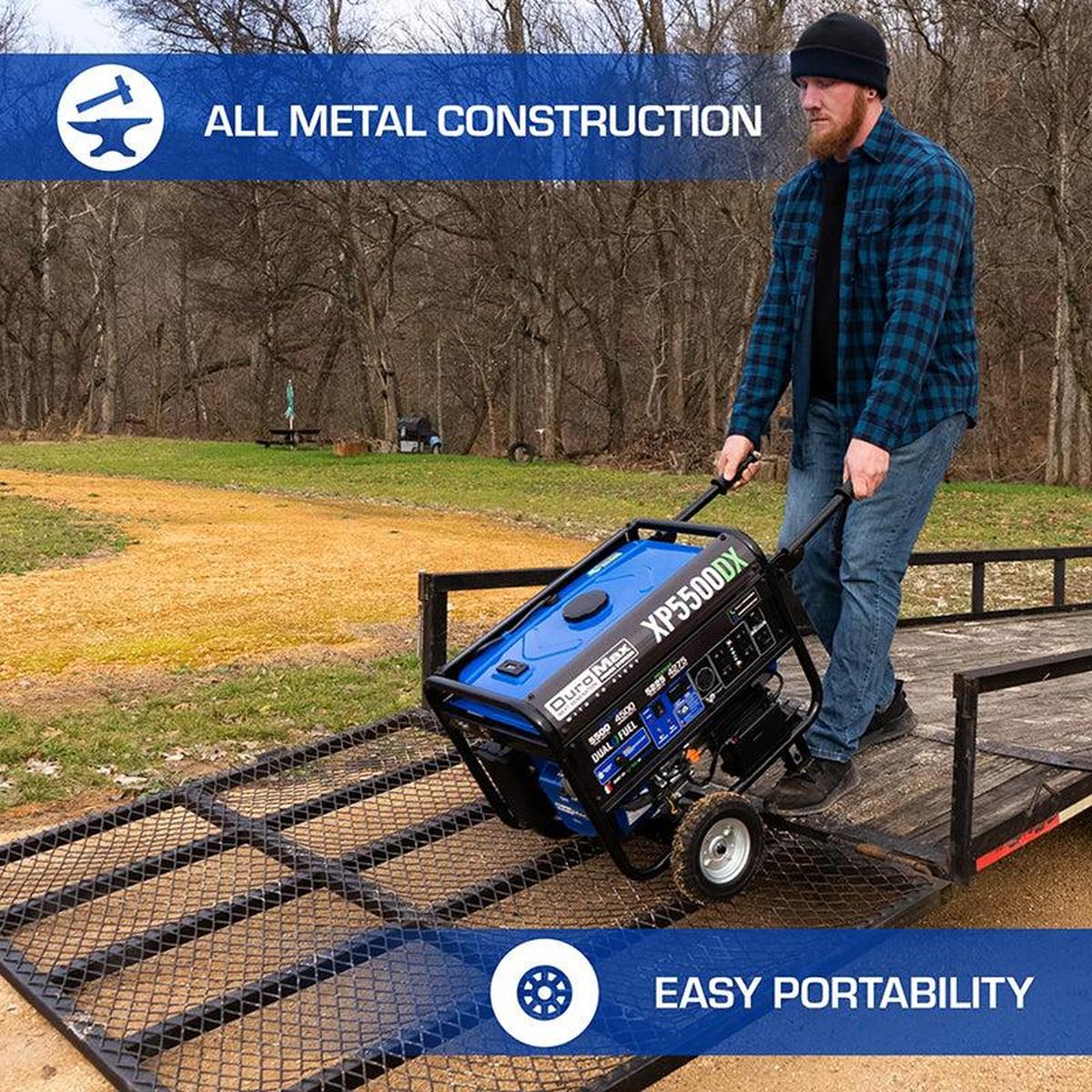 Easy portability of the Duromax XP5500DX all metal construction generator being loaded onto a vehicle.