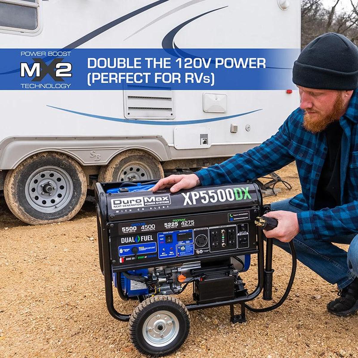 Portable generators Duromax XP5500DX featuring power boost technology for RVs with a man operating the generator.