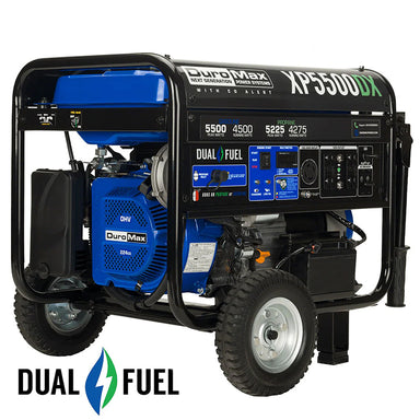 Quality generator Duromax XP5500DX dual fuel portable generator with CO alert technology on white background.
