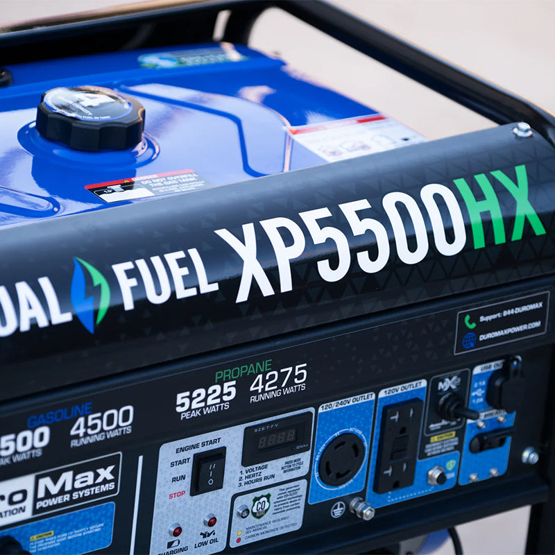 Detailed view of a Duromax XP5500HX generator's control panel, emphasizing its dual fuel feature and ease of use.