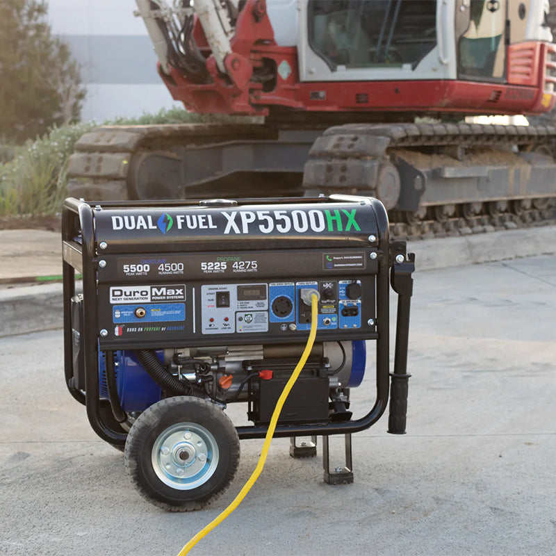 Duromax XP5500HX portable generator operating on a construction site, highlighting its robustness and efficiency.