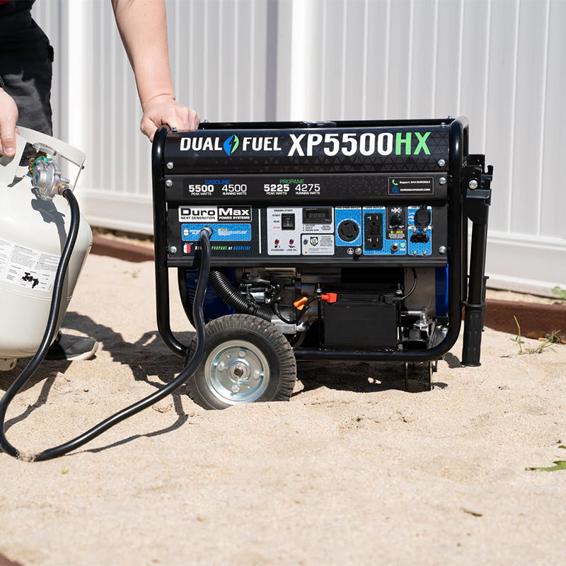 Duromax XP5500HX portable generator operating on a construction site, highlighting its robustness and efficiency.