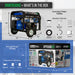 the dimensions and contents of the Duromax generator package, displaying the assembled generator and its accessories, such as an oil funnel, toolset, and manual.