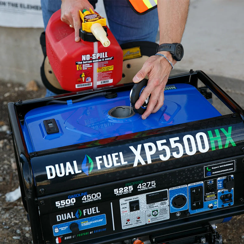 Pouring fuel into a Duromax XP5500HX portable generator, emphasizing the ease of refueling for extended use.